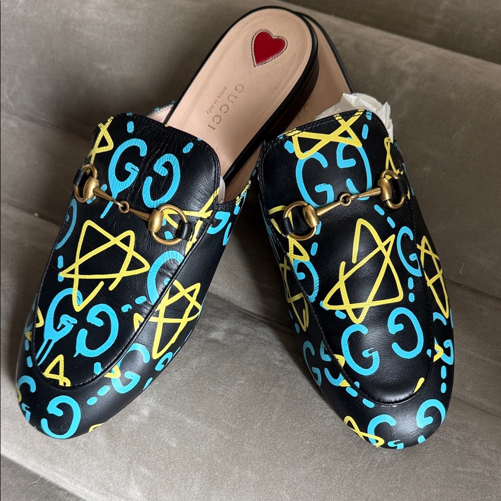 Gucci Princetown GG Mules with Vibrant Blue and Yellow Pattern